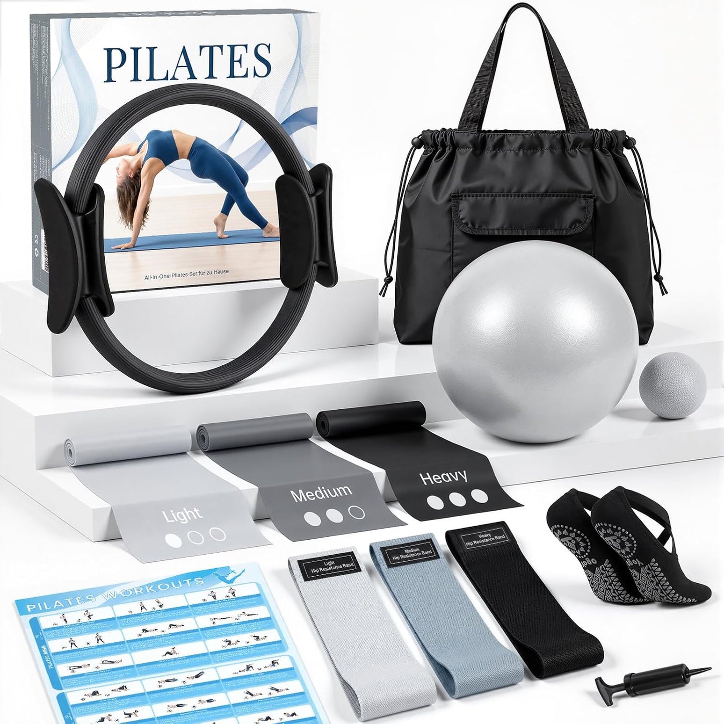 Pilates Kit, Pilates Equipment for Home Workouts, at Home Pilates Set with Complete Accessories: Pilates Ring, Pilates Ball, Long and Loop Resistance Bands, Socks, Massage Ball, Guide & Bag