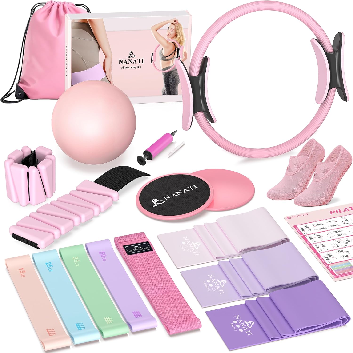 Pilates Kit, Home Pilates Workout Kit for Women, Pilates Equipment with 14.5" Pilates Ring and Ball, Resistance Bands, Ankle Weights, Sliders & Grip Socks for Home Workouts